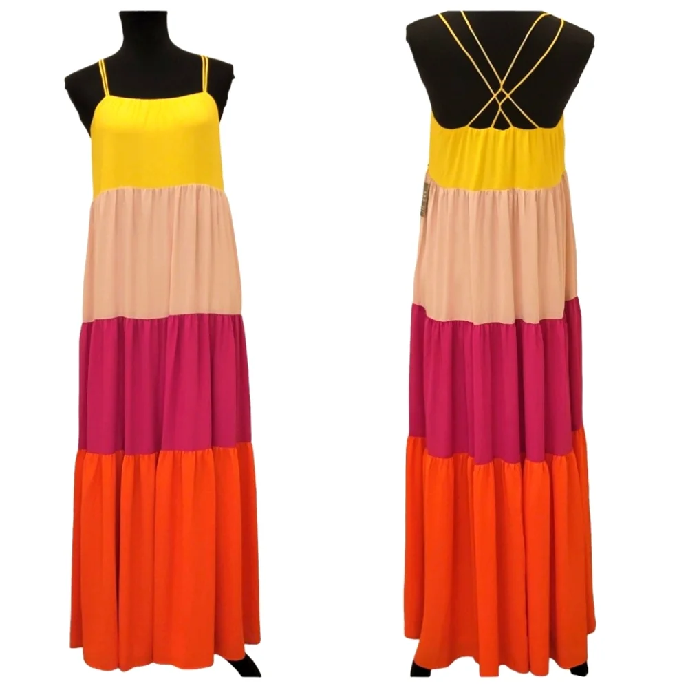 Express Tiered Spaghetti Straps Kriss Kross Back Colorblock Maxi Dress